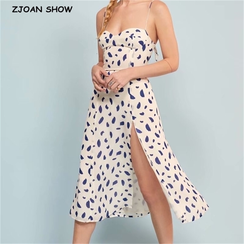 French Summer Leopard Print Bandage Spaghetti Strap White Midi Dress Retro Sexy Women Lacing Up Sling Slit Dresses Vestido 210429