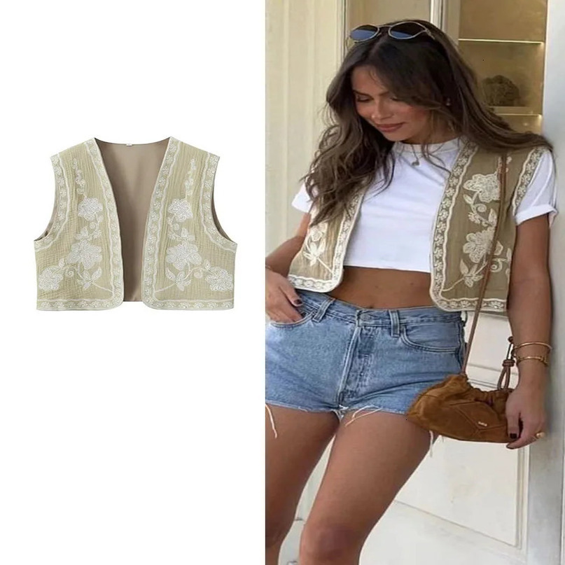 Summer Women Sleeveless Embroidered Vest Causal Female Vintage Boho Woman Cropped Jacket Waistcoat Cardigan 240523
