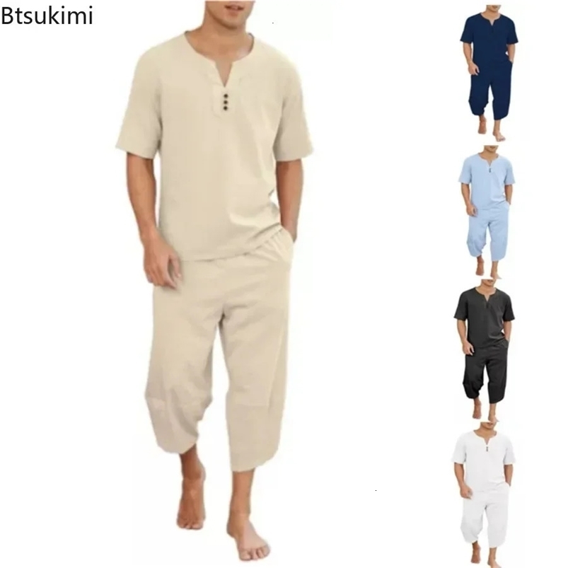 Mens Hip Hop Cotton Linen Sets Comfort Breathable Men Casual Sport 2 PCS Sets Fashion V-neck Short Sleeve TopsPants Suit 250318