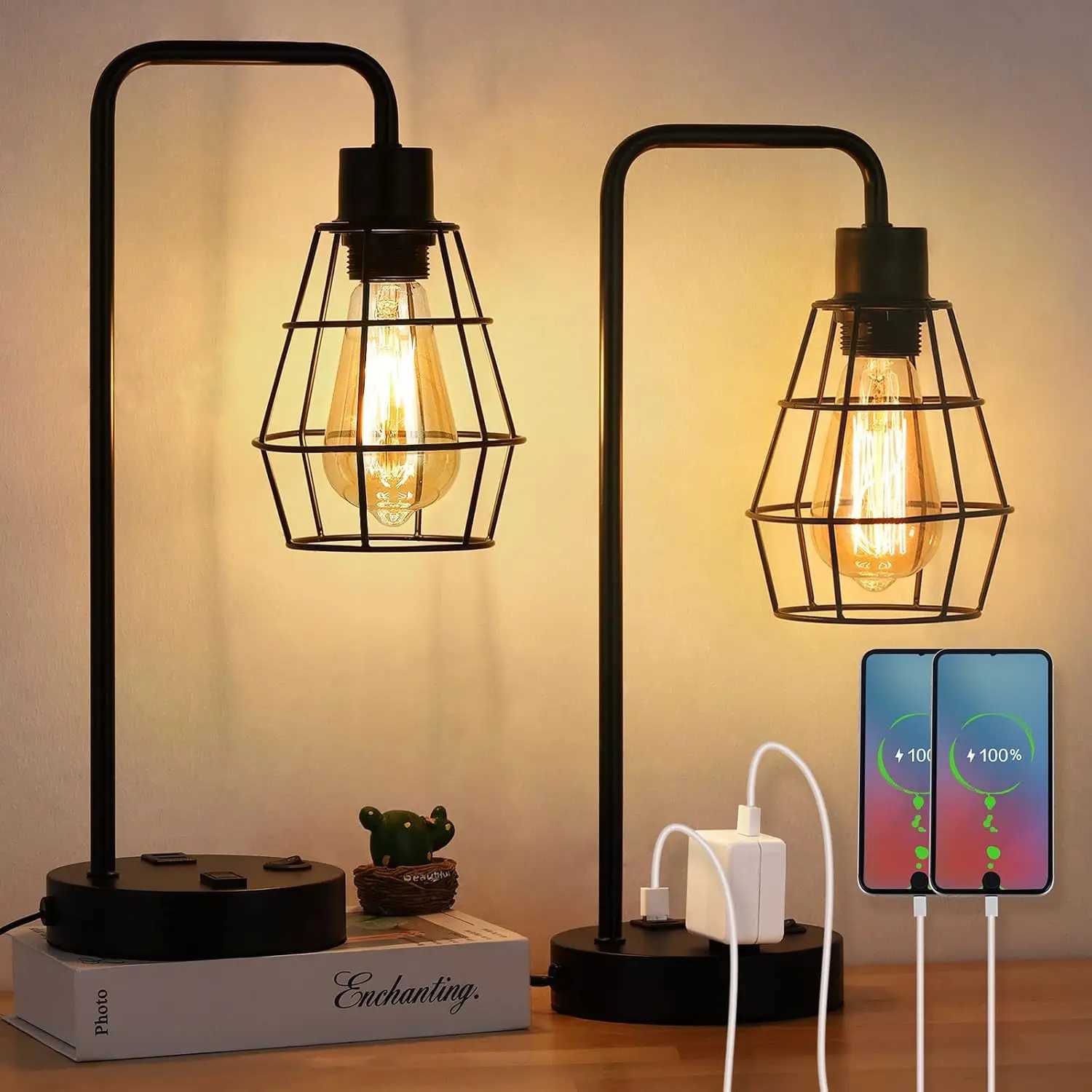 Edison 2piece bedside table reading desk lamp with dual USB charging ports and sockets C251115