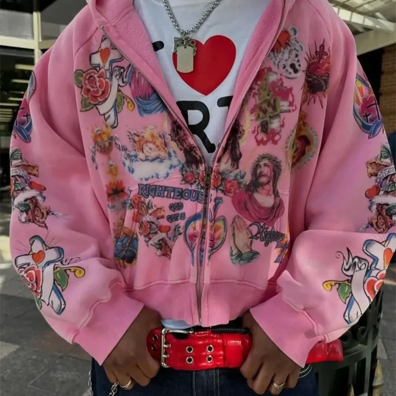 Street clothing retro pattern printed loose fitting men hoodie Gothic rock Harajuku men and women sportswear zippered hoodie 240911