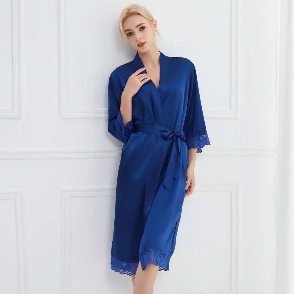 Lace trimmed high-end satin robe, solid color patchwork lace long sleepwear outer robe, luxurious and noble home wear, a must-have for elegant home we