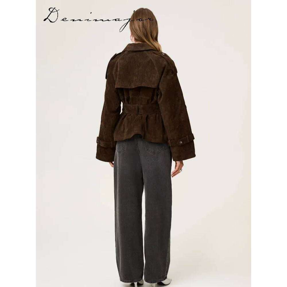 Vintage Lace Up Brown Suede Women Belt Loose Lapel Single Breasted Full Sleeve Jacket 2025 Autumn Lady Street New Outwear