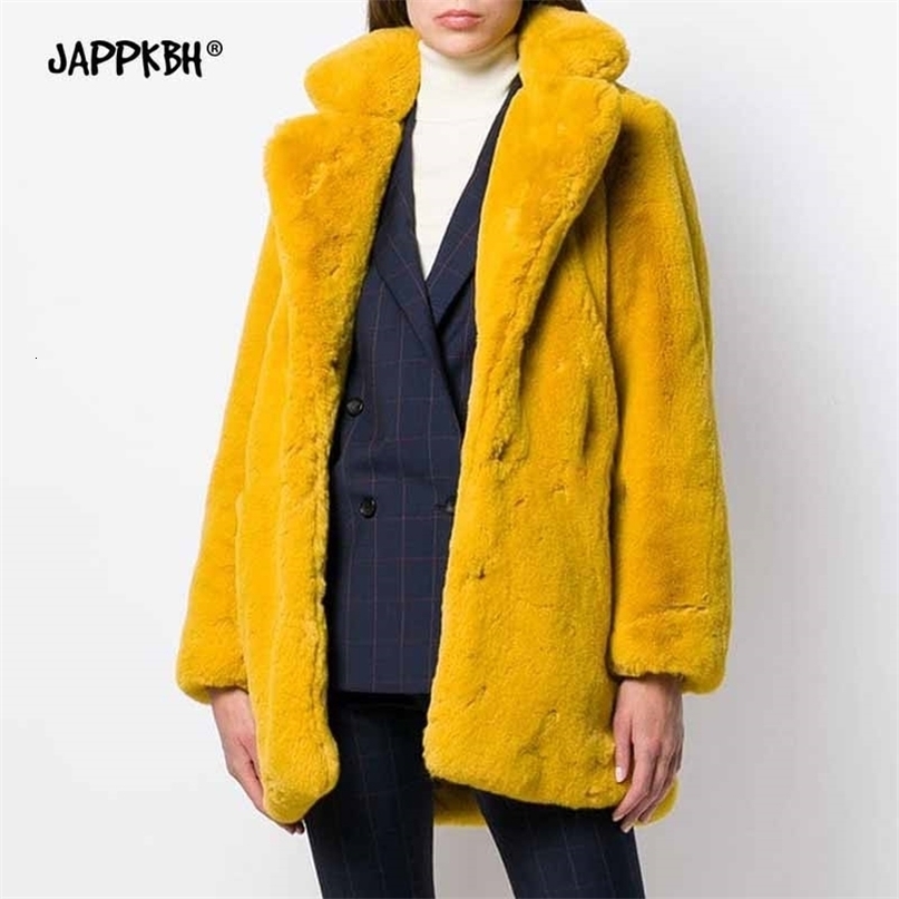 Winter Coat Women Faux Fur Jacket Female Casual Thick Warm Loose Women Clothing Solid Long Jacket Autumn Vintage Outwear 211123