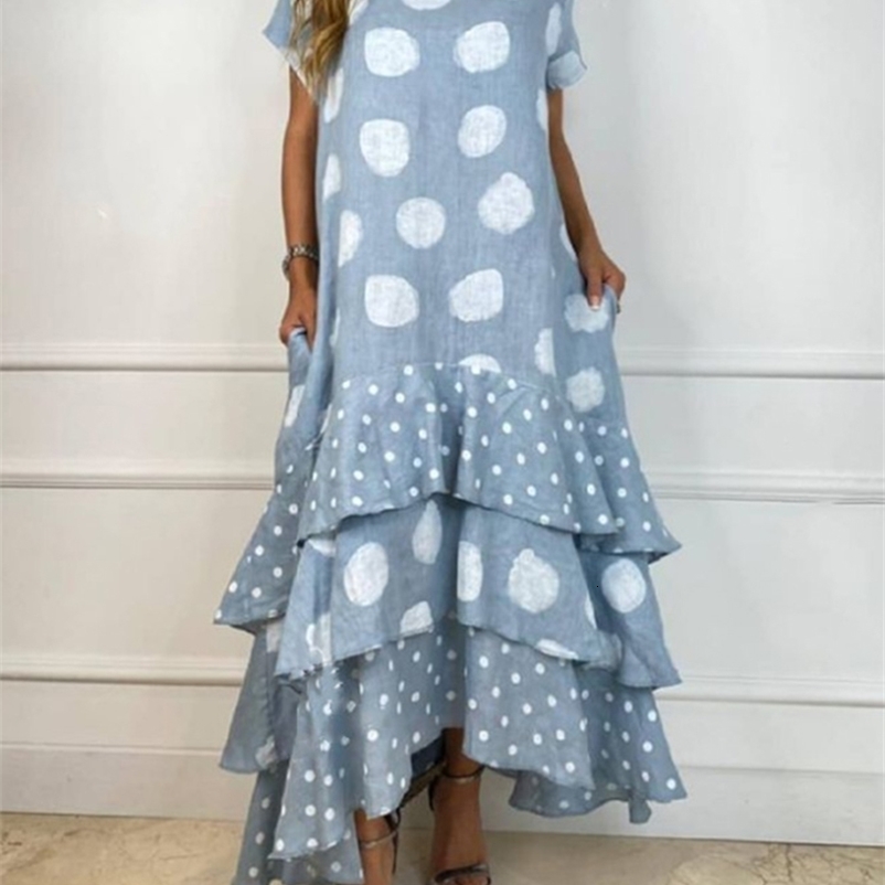 Basic Casual Dresses Women Dresses Summer Sexy O Neck Dot Print Boho Beach Dress Cascading Ruffle Short Sleeve Maxi Dress Wrap Sundress Robe 230519