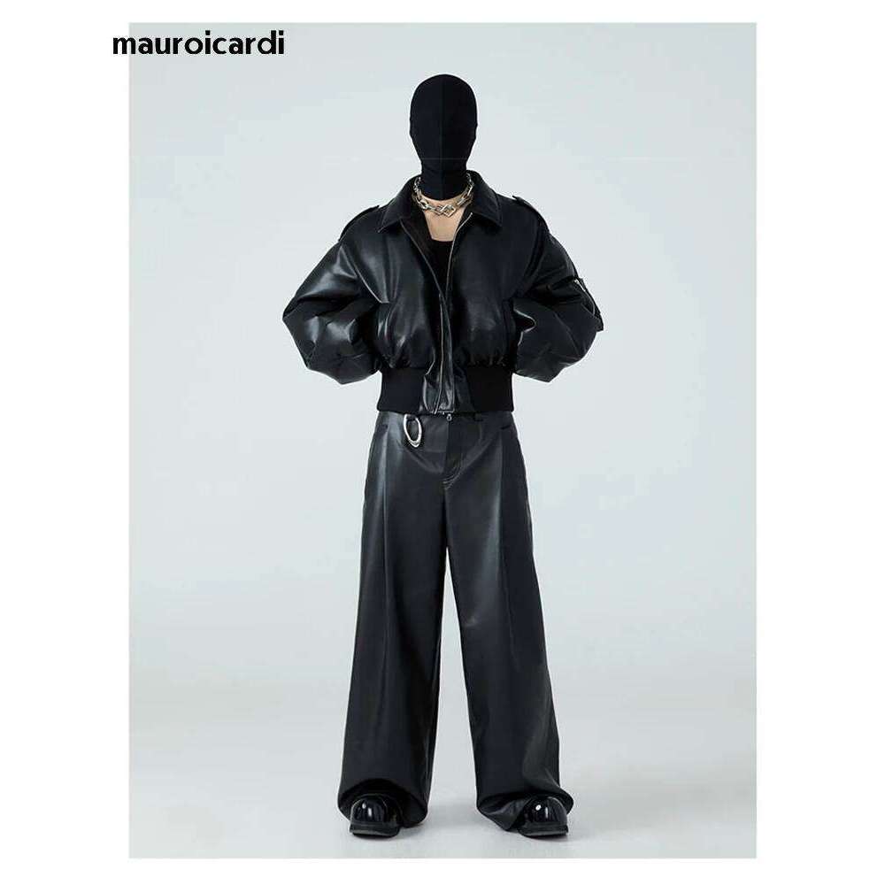 hoodie Mauroicardi Autumn Winter Short Thick Warm Black Pu Leather Jacket Men with Long Sleeve Zipper Casual Designer Clothes