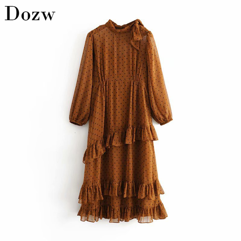Polka Dot Casual Long Chiffon Dress Bow Tie Collar Long Sleeve Fashion Ruffle Party Midi Dresses Beach Dress Vestidos de fiesta 210414