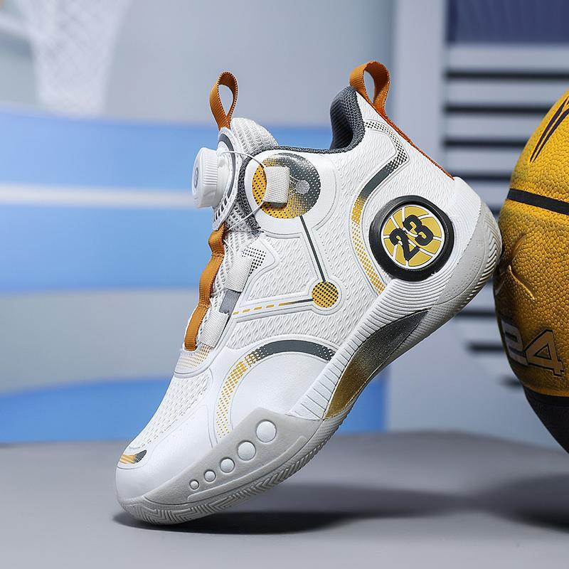 Free shipping children's boys' basketball shoes, autumn mid to large children's rotating button running shoes, wear-resistant and shock