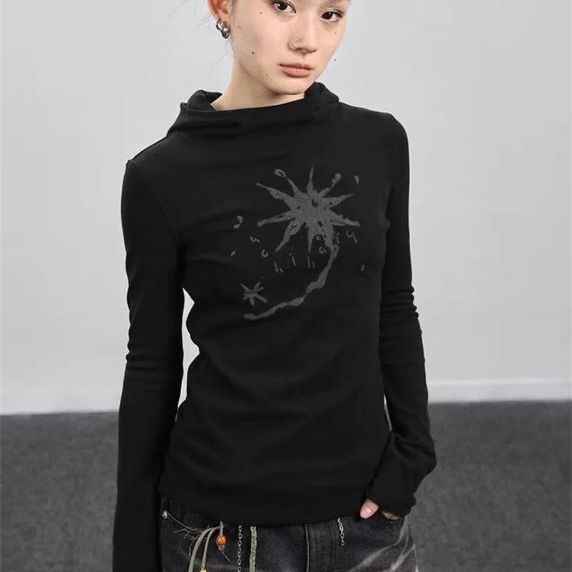 Tonngirls Gothic Print Graffiti T Shirt Women Turtleneck Long Sleeve Tee Tops Y2k Vintage Tops 2000s Japanese Streetwear Tshirts 240228