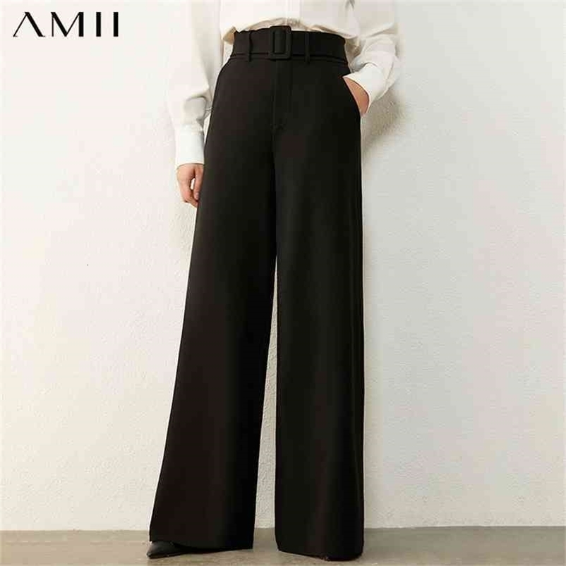 Minimalism Autumn Causal Women's Pants Simple High Waist Belt Solid Loose Wide-leg Female Trousers 12030430 210527