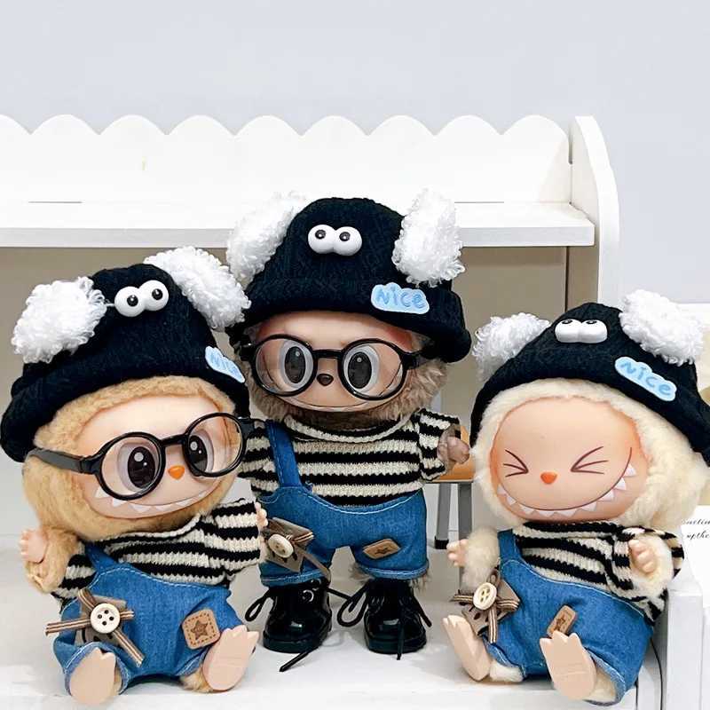 Doll Clothes For 1517cm Labubu 4pcspack Stripes Tshirt Jumpsuit Puppy Hat Glasses Sets Cotton Idol Doll Accessories Fans Gift C250924