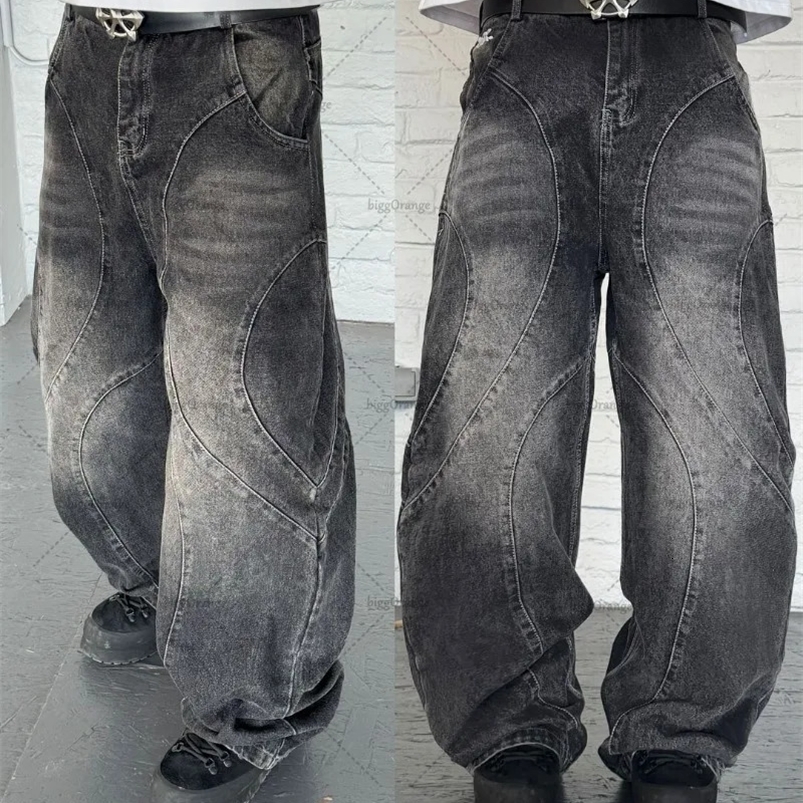 High Street Gothic Punk Black Trousers Y2K Harajuku Retro Washed Distressed Baggy Jeans Mens Street Fashion Straight Leg Pants 250423