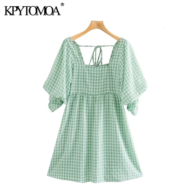 Women Sweet Fashion Back Tied Plaid Mini Dress Square Collar Short Sleeve Female Dresses Vestidos Mujer 210420