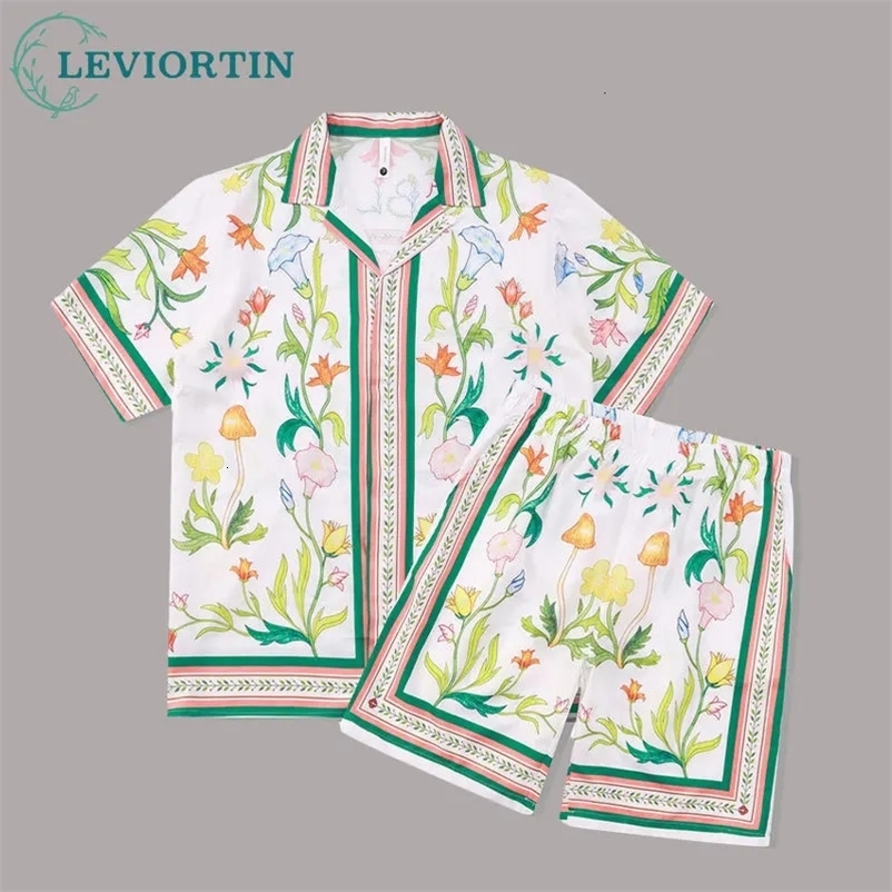 Vintage Flower Print Shirt Short Sleeve Casual Men Shirt Suit Summer Camisa Masculina Color Contrast Set Moda Hombre 240529