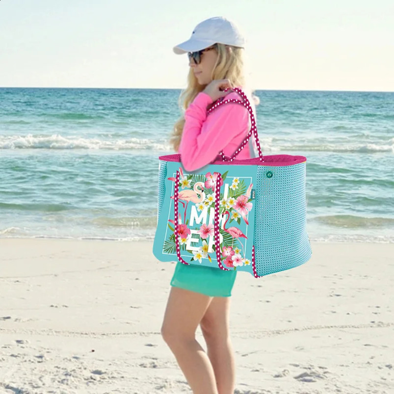 Diving Cloth Beach Bags Printed Flamingo Handbag Outdoor Picnic Womens Large Capacity Shoulder Tote Bag Neoprene 240723