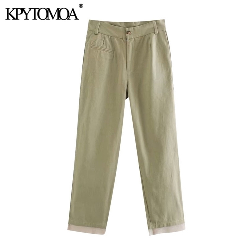Women Chic Fashion Patchwork Straight Pants High Waist Zipper Fly Side Pockets Female Ankle Trousers Mujer 210420