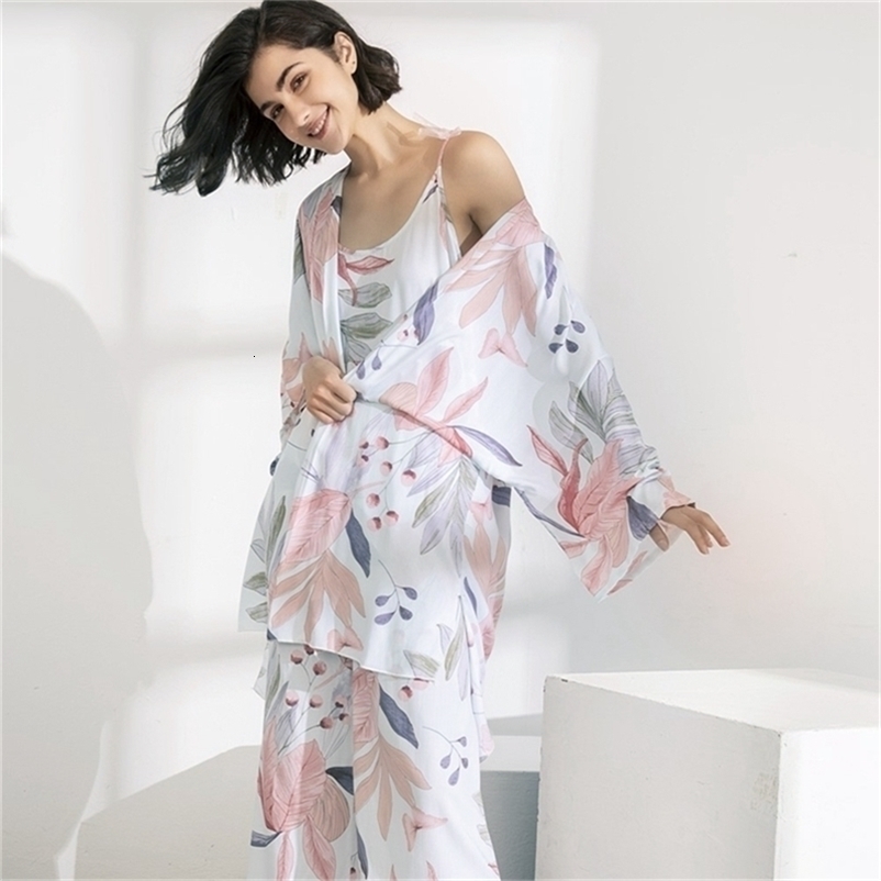 JULY'S S SONG 3 Pcs Women Pajamas Set Female Pyjama Loose Viscose Floral Printed Sleepwear Star Nightwear Spring Summer Robe 210924