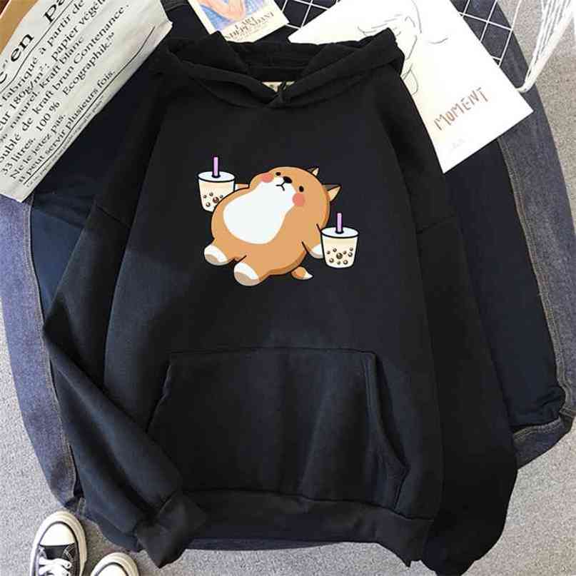 Boba Tea Hoodie Cute Dog Hooded Sweatshirt Harajuku Hoodies Lovely Kawaii Casual Hoody O-Neck Women's Clothes 210910