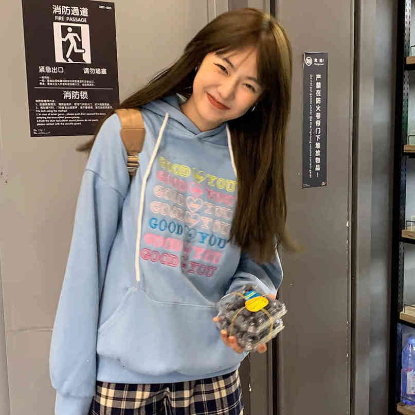 2 colors autumn and winter preppy style loose letter embroidery thicking hoodies womens sweatshirts pullovers (C2920) 210423