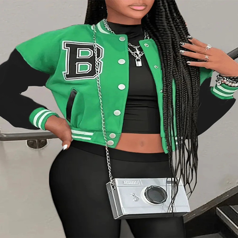 LW Womens Patch Work Preparation Style Short Coat Womens Y2K Single Chest Baseball Coat Cutting Autumn Street Clothing Jacket 241029