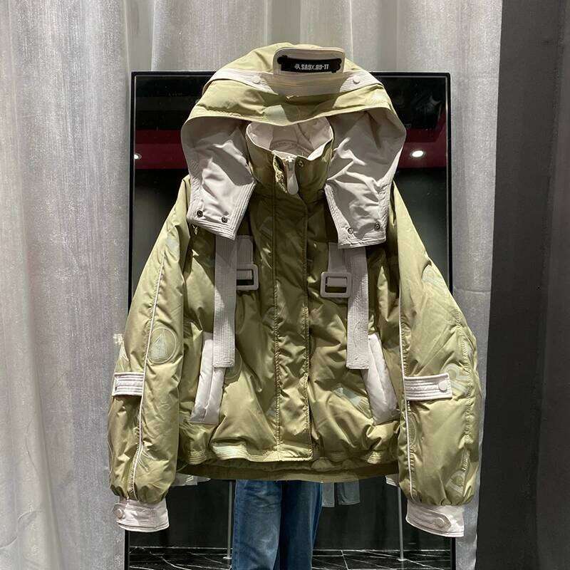 Winter Short Print Patchwork Hooded Parker Jacket Female Zipper Thicken Warm Outwears Women White Duck Down Bread Jackets