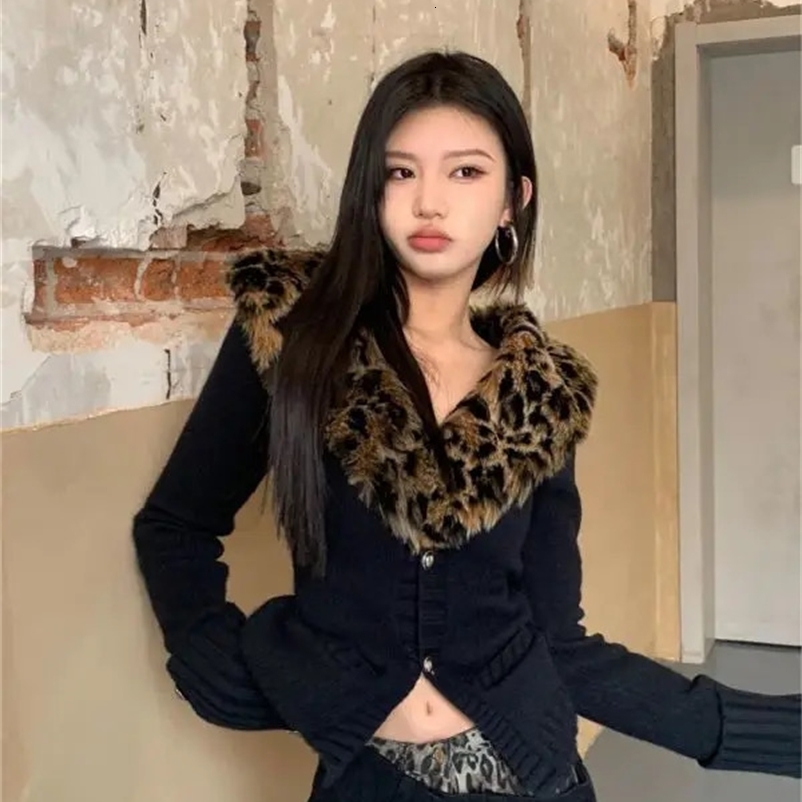American V-neck Leopard Print Fur Collar Cardigan Autumn Winter Sweaters Coat Women Y2k Slim Fit Long Sleeve Tops Women 250122