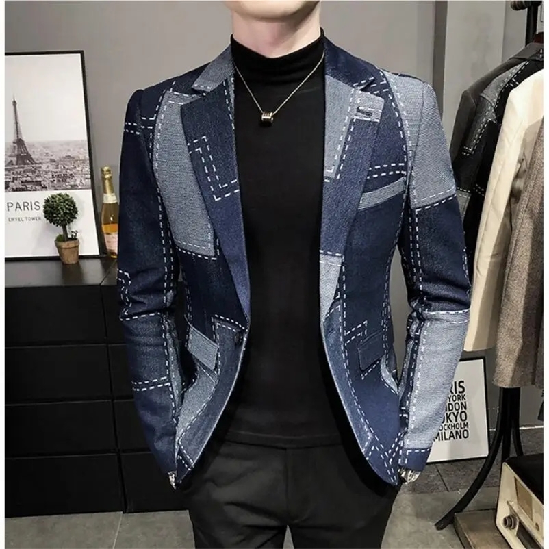 Men's Suits Blazers Top quality Autumn Blazers Men Slim Fit British Plaid Formal Suit Jacket Male Party Wedding Business Slim Fit Casual Coat Tux