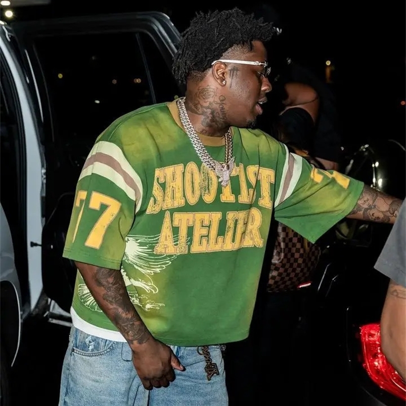 American T-shirt Y2K short sleeved top mens retro hip-hop rock pattern oversized T-shirt round neck pure cotton floral dress 250103