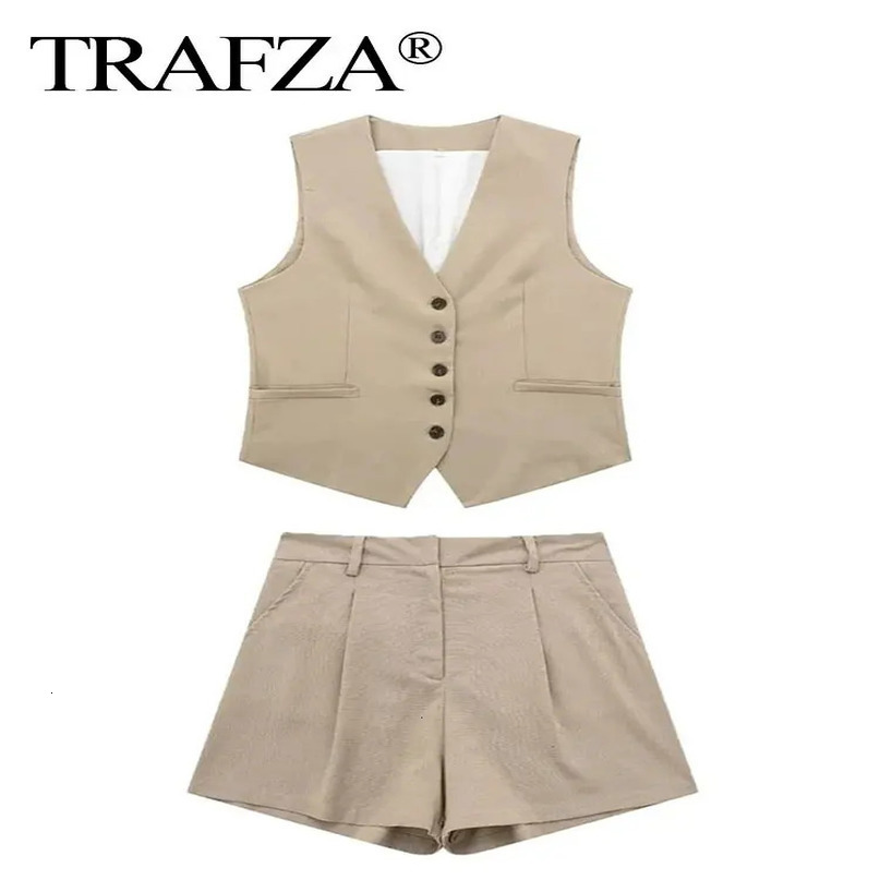 TRAFZA Vest Shorts Suit For Women Fashion Khaki Single Breasted Waistcoat Top Slim Pant Sets Female Casual Streetwear 240423
