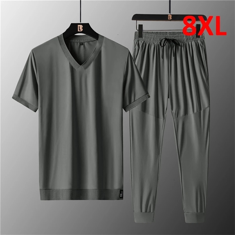 Plus Size 7XL 8XL Suit Men 2Pcs/Set Summer Shirts Sweatpants Fashion Causal Solid Color Mens Sets Big Size 8XL 240429