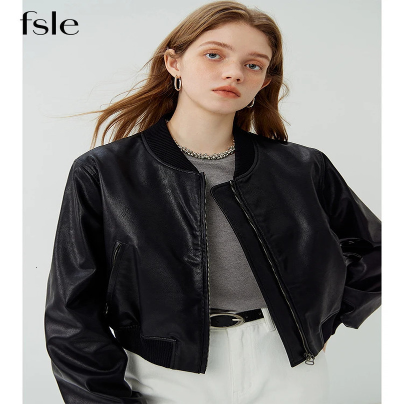 FSLE Brown Retro Baseball Uniform n Womens Leather Jacket Collar Chain Short Coat Loose Pu Leather Full Set Jacket 240930