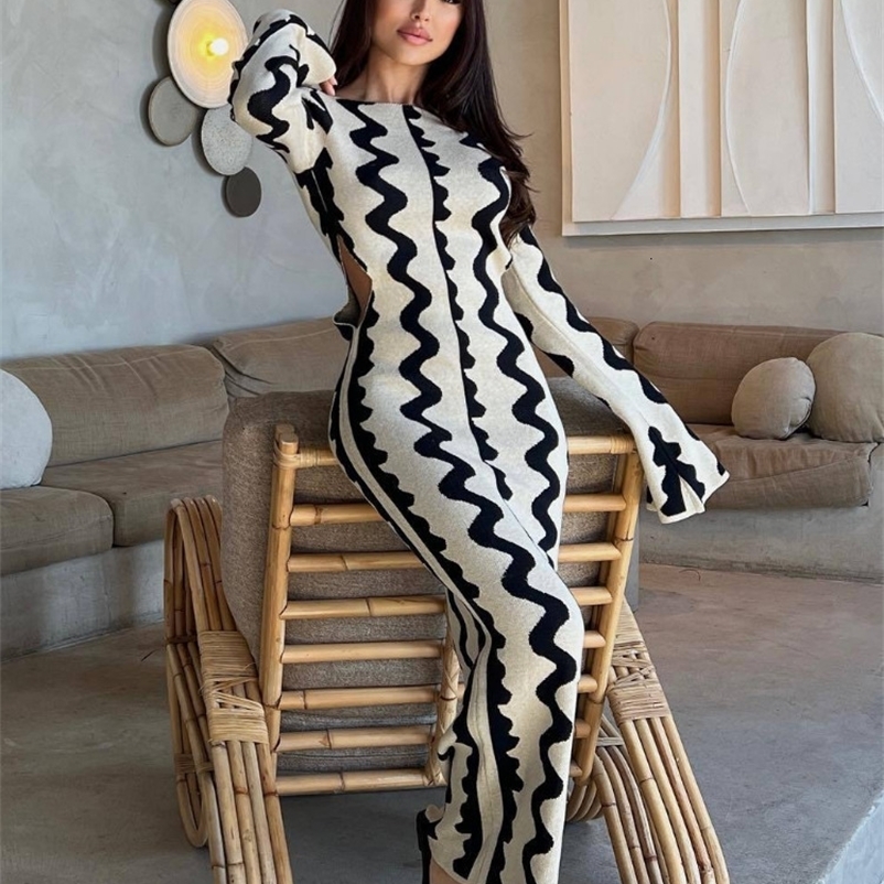 Casual Dresses Autumn Knitted Maxi Dress Flare Long Sleeve Bodycon Dress for Women Elegant Sexy Cut Out Wave Christmas Party Evening Outfits 230217