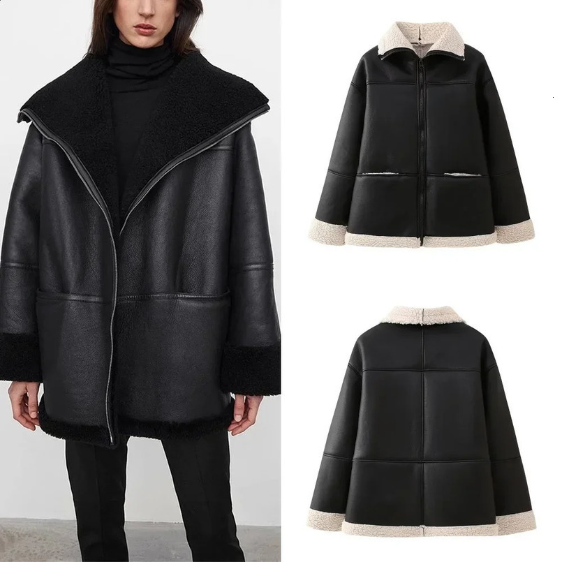 Tref Thick Leather Jacket Women Clothing Autumn and Winter Large Size Fashion Zipper Lamb Fur Coat Loose Fur Coat 241217