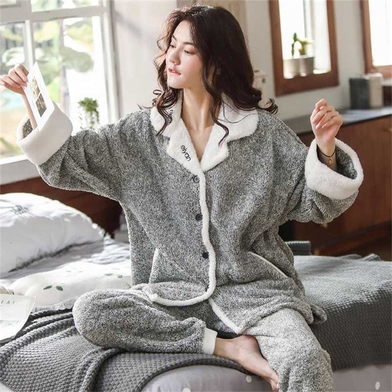 2 Pieces Winter Women Pajamas Set Thicken Warm Soft Flannel Sleepwear Lapel Buttons Female Homewear Plus Size Pyjamas 211007