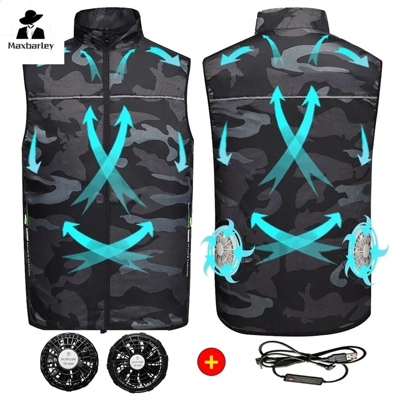 Mens Ice Vest Fan Air Conditioner Clothes Cool Vest Sport USB Rechargeable Cooling Vest Workers Summer Camping Fishing Overalls 240912