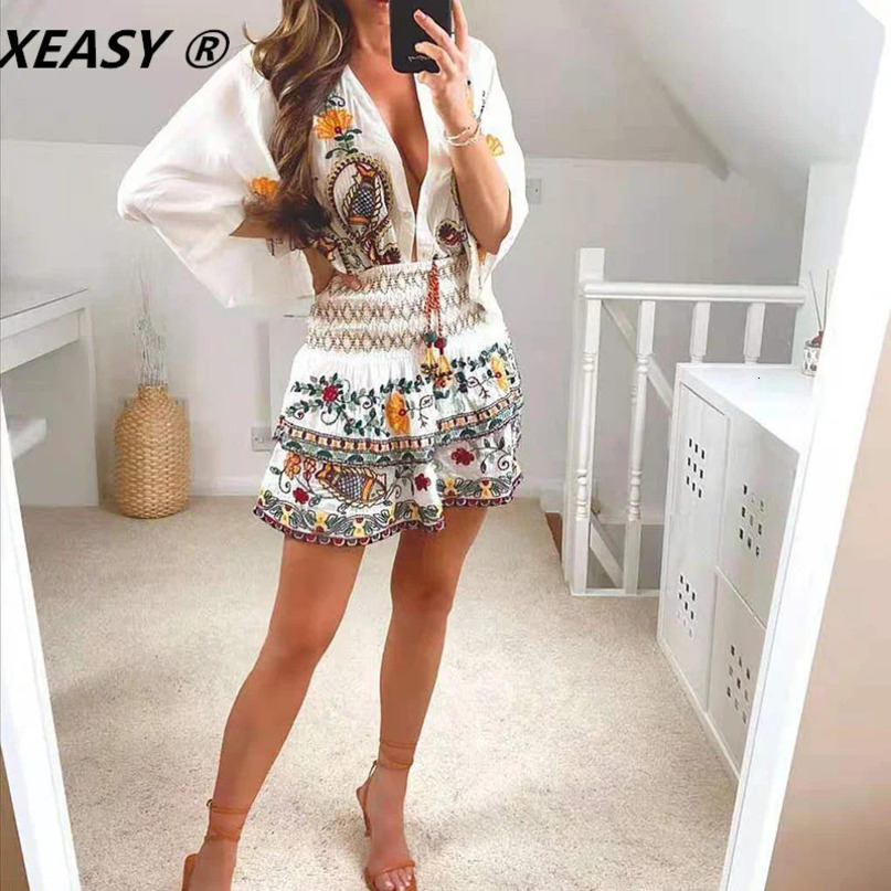 XEASY Women Fashion 2Piece Set Vintage Flowers Batwing Sleeve Embroidered Shirt Female High Waist Mini Skirt Sweet Suits 240423