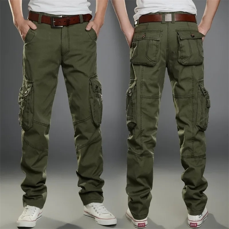 Pure Cotton Cargo Pants For Men Loose Straight Leg Multi Pocket Wear Resistant Youth Military Pants Security Special Work 240812