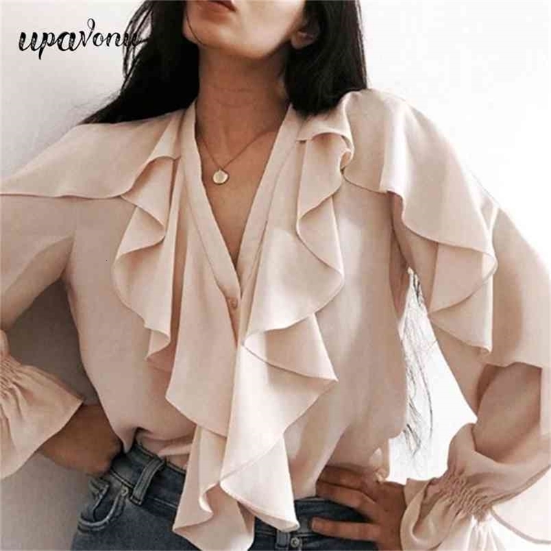 Free Women's Ruffle Blouse Spring V-neck Single-breasted Lantern Long Sleeve Pure Color Elegant Shirt Ladies 210524