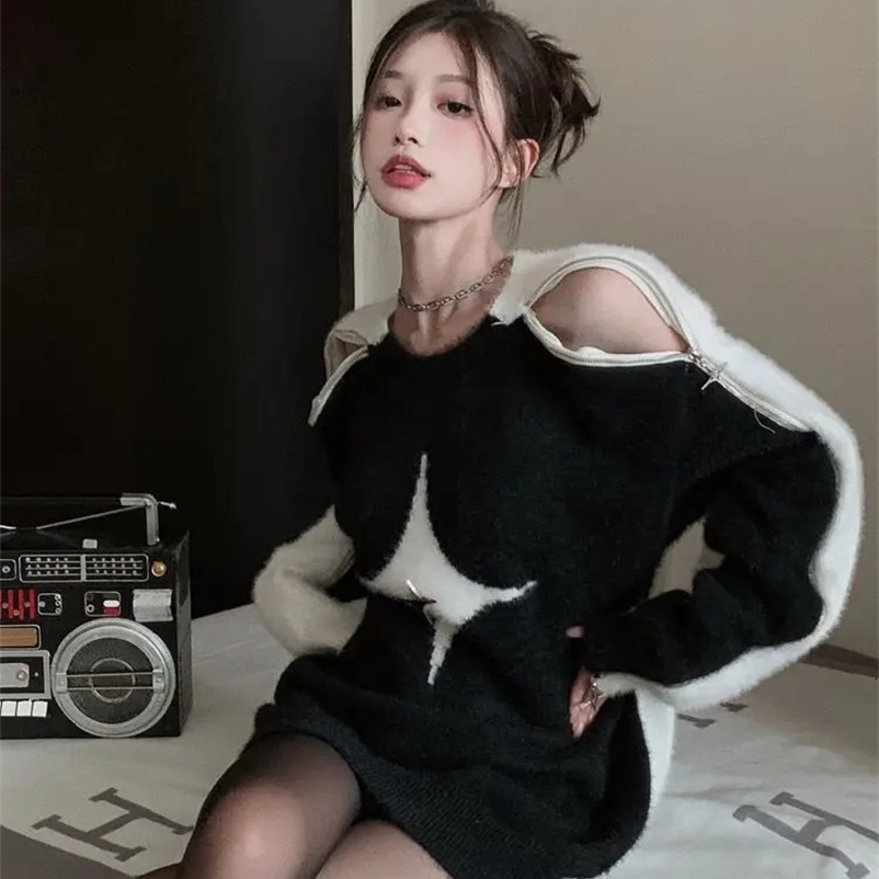 Autumn and winter mohair sweater women loose harajuku lazy style fashionable off-shoulder long-sleeved sweater top 240717