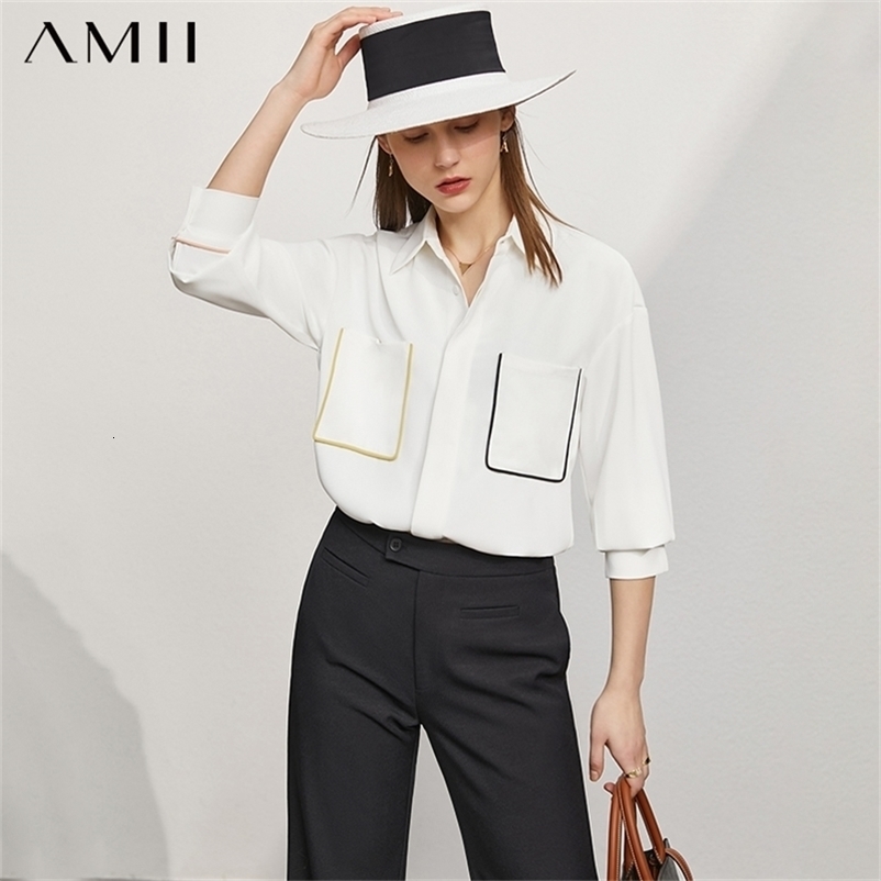 Minimalism Spring Summer Women's Shirt Fashion Patchwork Turn-down Collar Pocket Loose Women Blouse Tops 12140328 210527