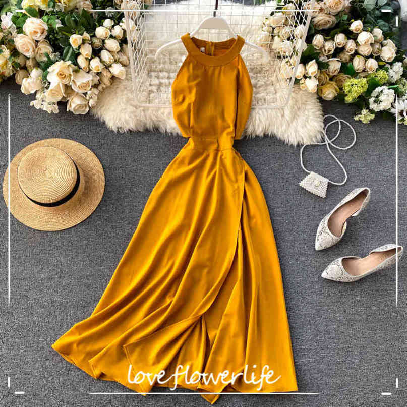 Summer Women Sleeveless Sexy Halter Dresses Female High Waist Solid Color Casual Midi Dress Ladys Red Dress 210521