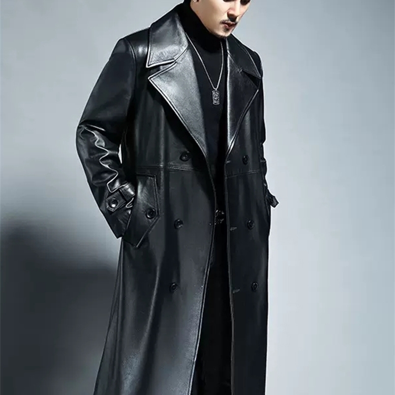 Men's Leather Faux Mauroicardi Spring Autumn Long Cool Waterproof Black Pu Trench Coat Men Double Breasted Plus Size Outerwear 4xl 5xl 221201