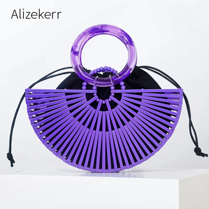 Retro semicircular bamboo beach handbag for women summer hollow circular acrylic highquality straw bag holidays 240913