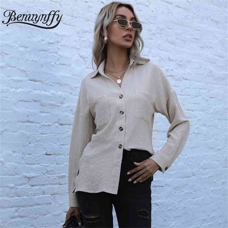 Turn-down Collar Pocket Button Up Shirts Women Spring Autumn Long Sleeve Office Female Casual Shirt and Blouses 210510