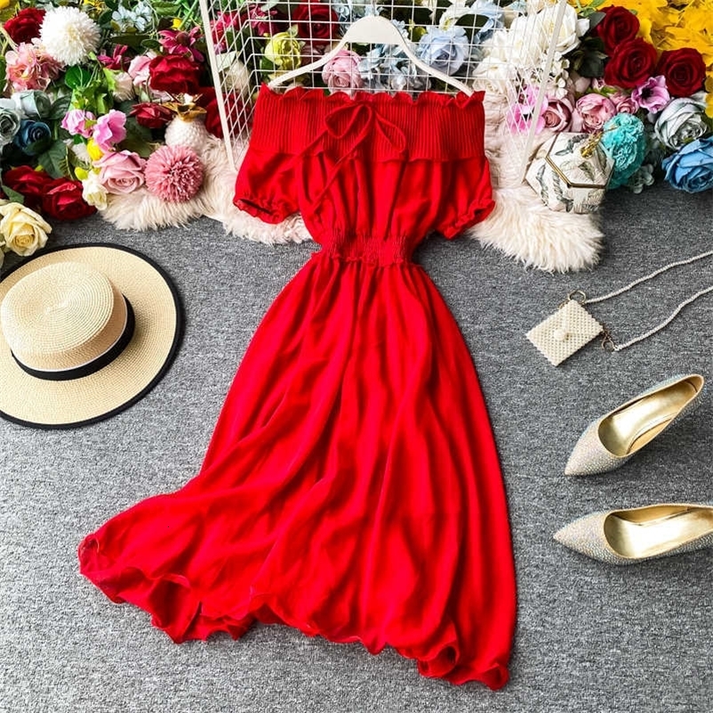 DEAT Women Chiffon Slim Slash Neck Off Shoulder Dress Solid Color High Waist Fashion Spring Summer MZ997 210709