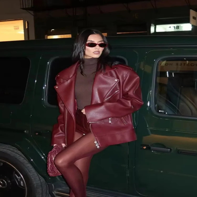 Women Solid Leather Double Zipper Motorcycle Jacket Fashion Loose Lapel Long Sleeved Pu Cropped Coats Autumn Female Streetwear 250122