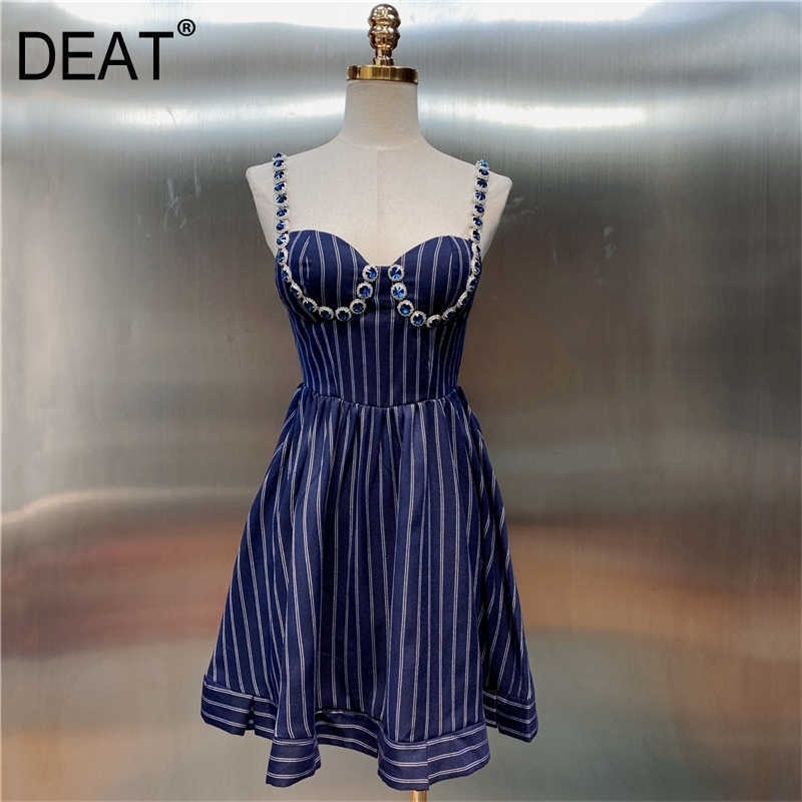 DEAT Women sling ruffles Dress square collar sleeveless Arrivals Lady Sexy temperament Fashion Spring Summer 11D965 210709