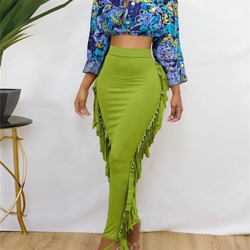 Kliou Side Tassel Women Skirt Elegant Unique Robe Straight Skinny Hight Waist Stretchy Streetwear Style Female Clothes 220701