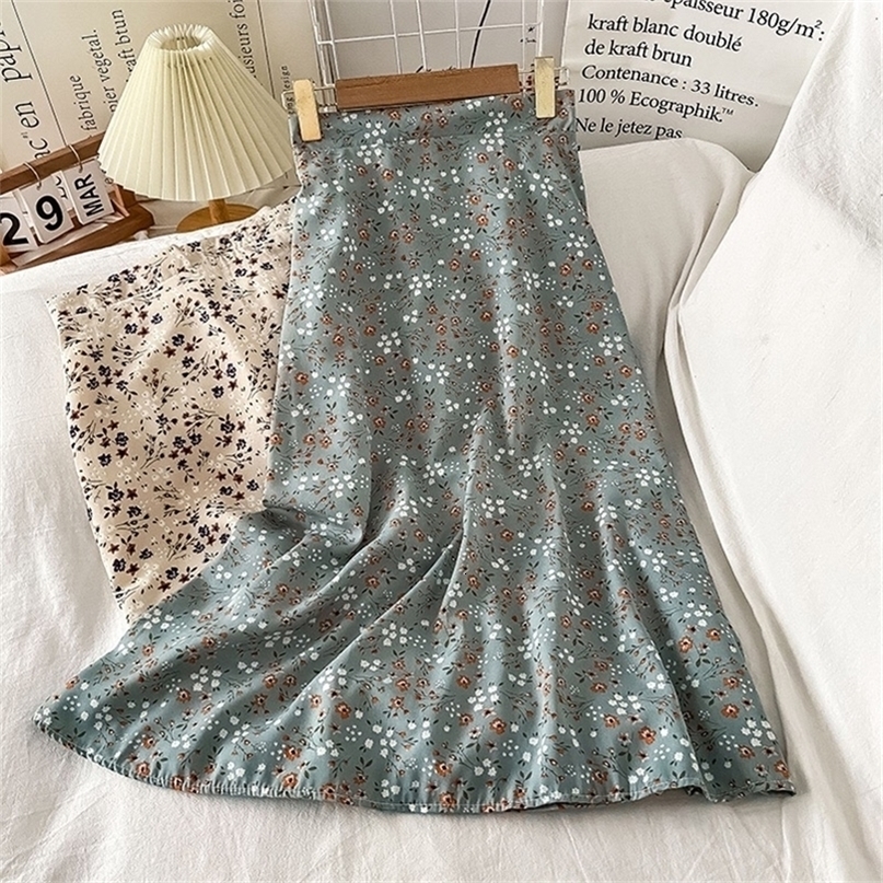 Korean Version Of The High Waist Spring Summer Skirt Slim Mid Length A Line Floral Print Chiffon Skirts DS173 220701