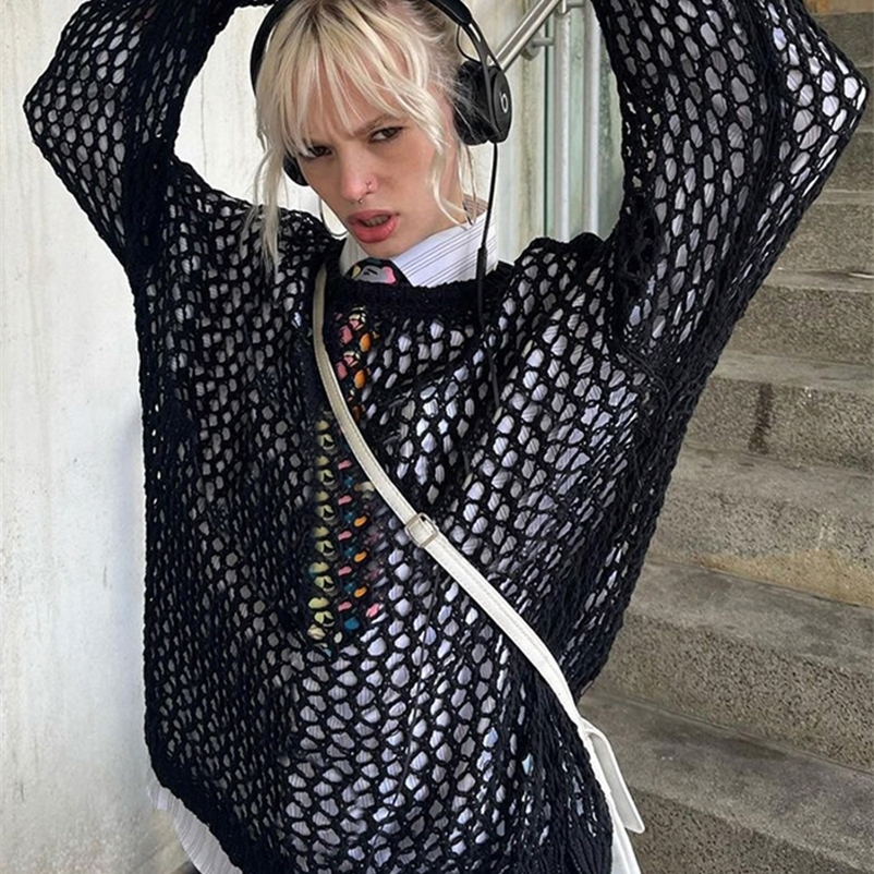 Women's Sweaters Weekeep y2k Crochet Sweater Hollow Out Loose Smock Grunge Fishnet Distressed Pullovers Oversized Knit Jumper Harajuku Streetwear